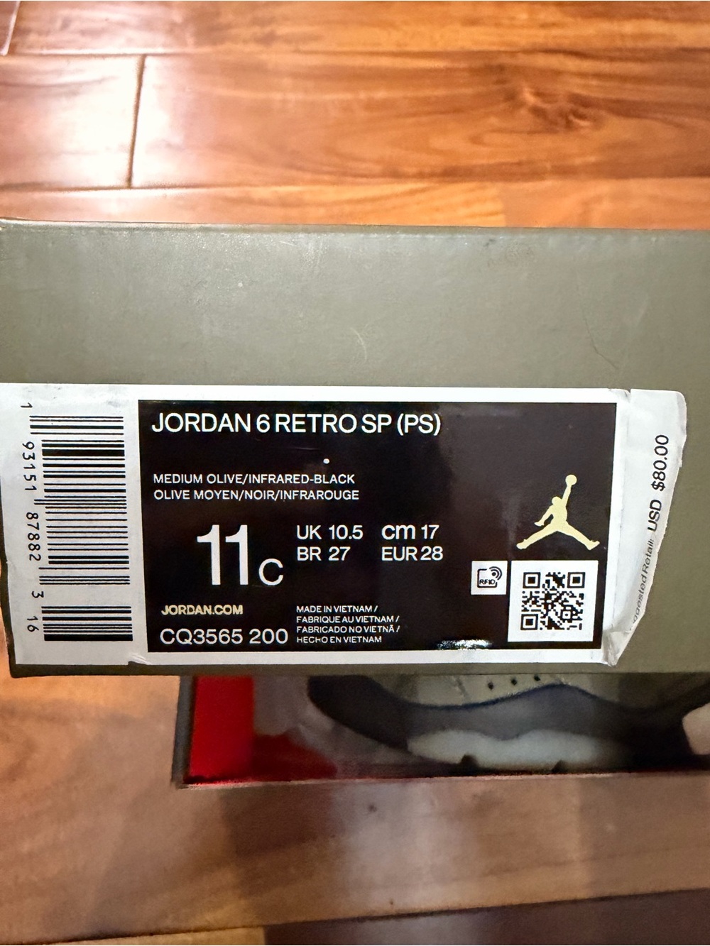 Jordan 6 Retro x Travis Scott Olive and Black High-Top Sneakers sz 11c - Picture 6 of 6